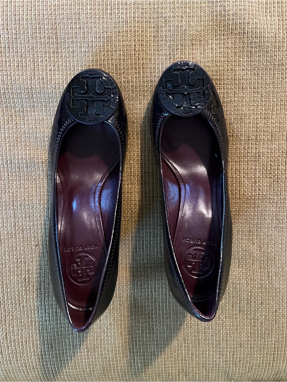 Tory Burch Deep Burgundy Patent Leather Logo Wedges with Deep Burgundy Insole